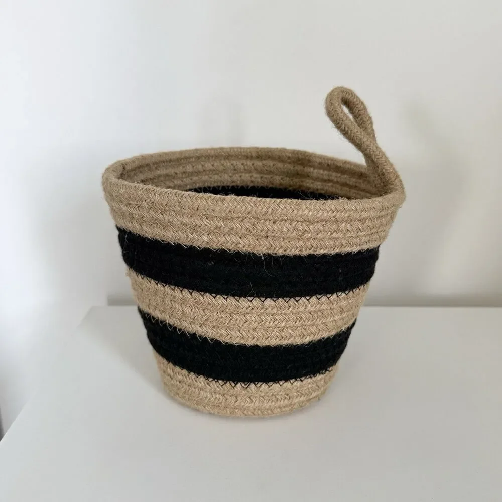 Jute Woven Storage Basket Black Stripe Natural Farmhouse Boho Home Decor